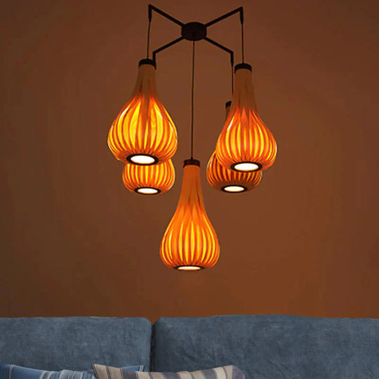 Wood Veneer Teardrop Pendant Light Asian Style 5 - Light Brown/Dark Brown Hanging Fixture For