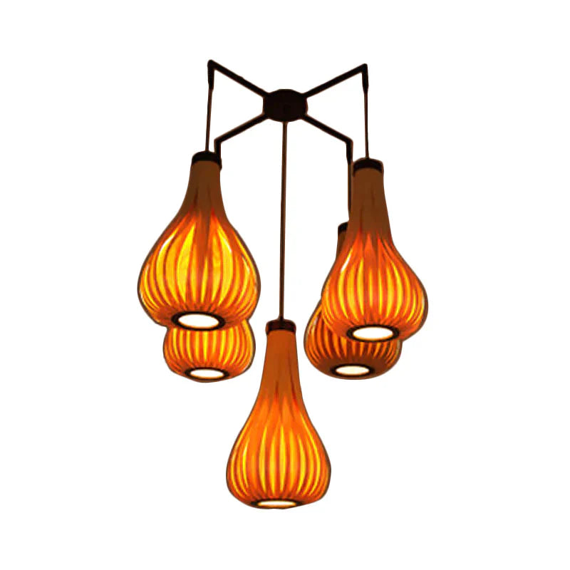 Wood Veneer Teardrop Pendant Light Asian Style 5 - Light Brown/Dark Brown Hanging Fixture For