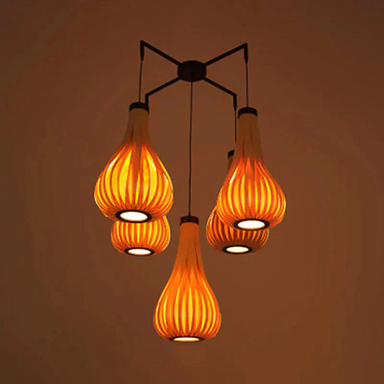 Wood Veneer Teardrop Pendant Light Asian Style 5 - Light Brown/Dark Brown Hanging Fixture For