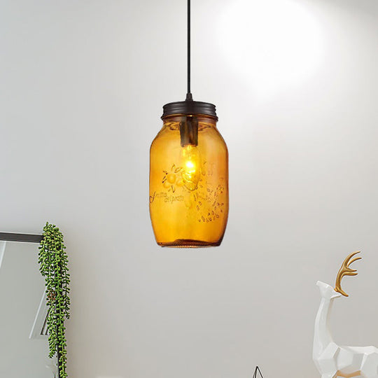 Sarah - Modern 1 - Light Pendant Lighting Caged Mason Jar Blown Glass Hanging Ceiling Light In