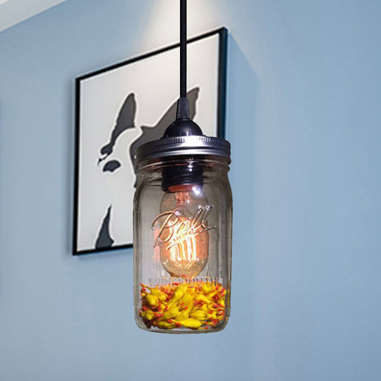 Sarah - Modern 1 - Light Pendant Lighting Caged Mason Jar Blown Glass Hanging Ceiling Light In