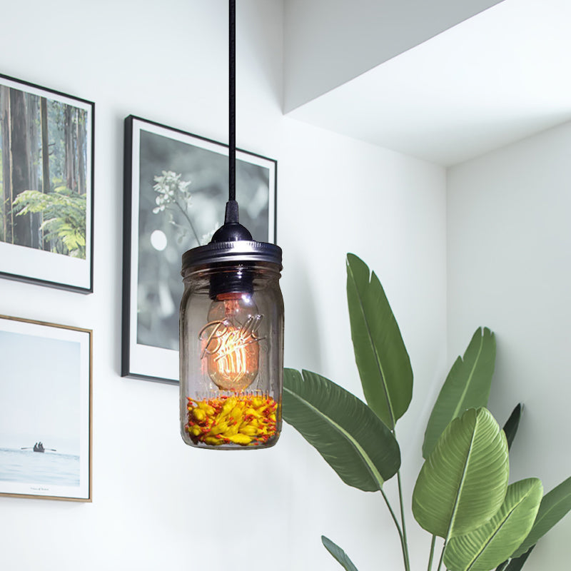 Sarah - Modern 1 - Light Pendant Lighting Caged Mason Jar Blown Glass Hanging Ceiling Light In