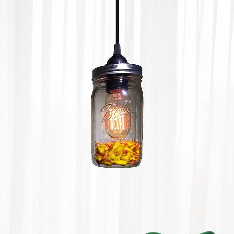 Sarah - Modern 1 - Light Pendant Lighting Caged Mason Jar Blown Glass Hanging Ceiling Light In