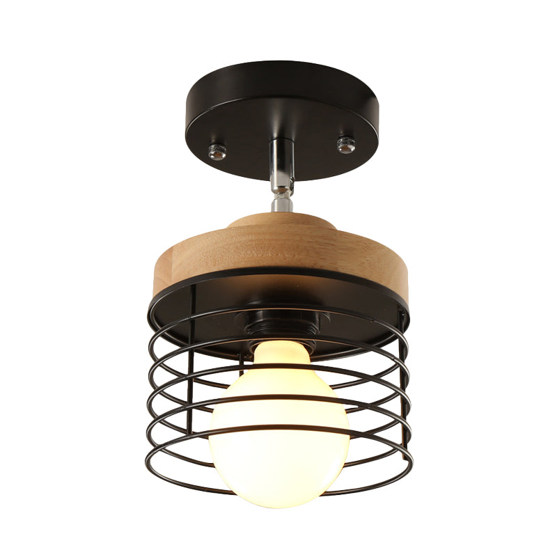 Simple Stylish Iron Drum Cage Flush Ceiling Light - Rotatable 1 Lamp For Balconies