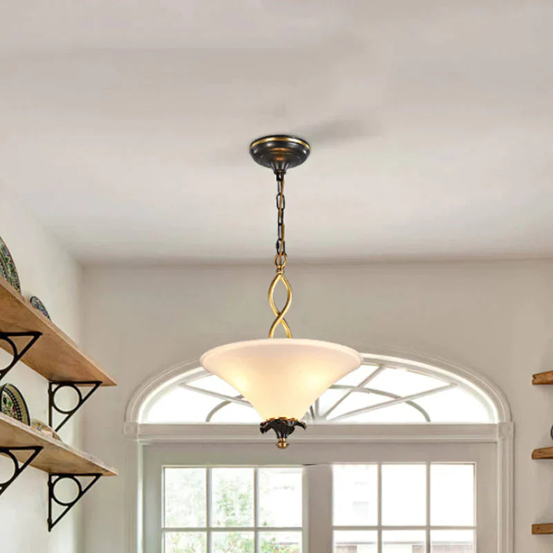3 - Light Pendulum Light Country Dining Room Chandelier Lamp Fixture With Cone White Glass Shade