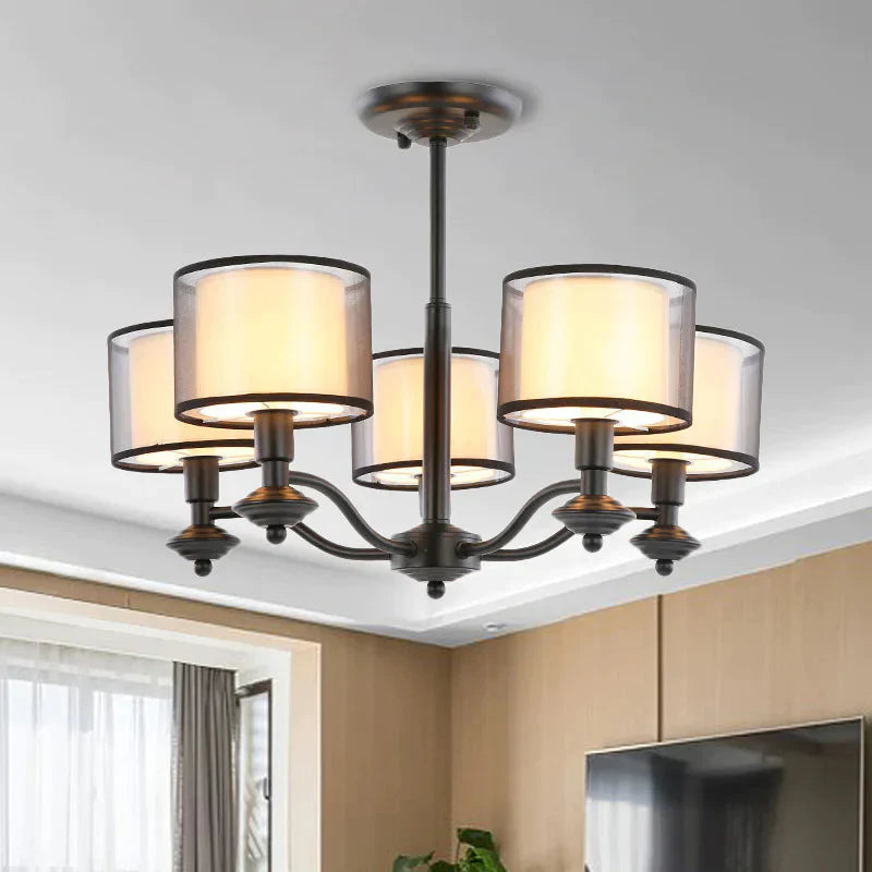 5/6 Bulbs Pendant Chandelier Traditional Double Drum Fabric Hanging Ceiling Light In Black For