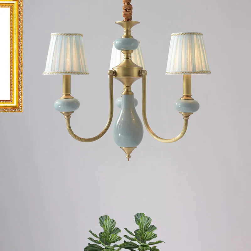 Cone Dining Room Chandelier Lamp Country Fabric 3/6 - Light Brass Finish Pendant Lighting Fixture