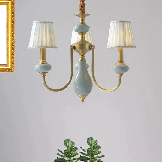 Cone Dining Room Chandelier Lamp Country Fabric 3/6 - Light Brass Finish Pendant Lighting Fixture 3