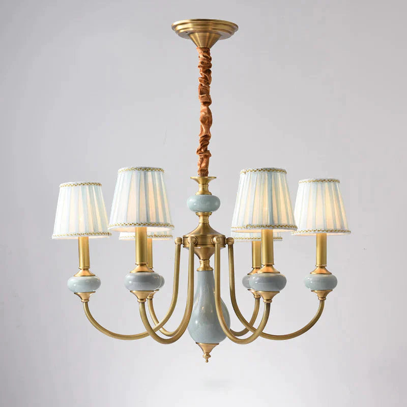 Cone Dining Room Chandelier Lamp Country Fabric 3/6 - Light Brass Finish Pendant Lighting Fixture