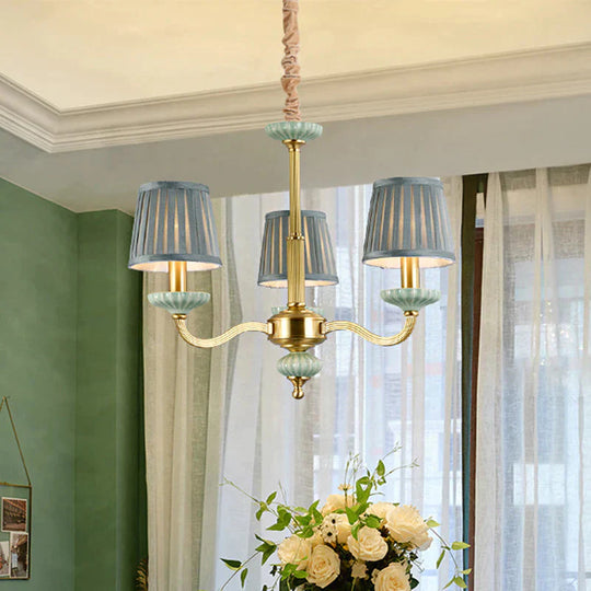 3/6 - Head Fabric Chandelier Lighting Traditional Brass Pleated Shade Bedroom Drop Pendant With