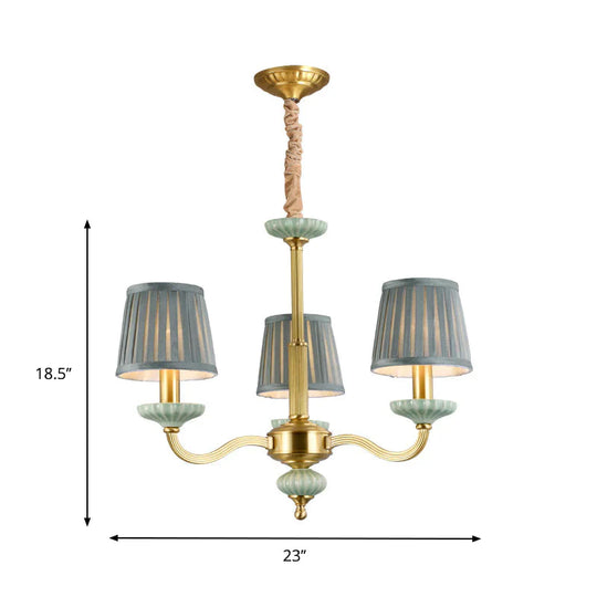 3/6 - Head Fabric Chandelier Lighting Traditional Brass Pleated Shade Bedroom Drop Pendant With