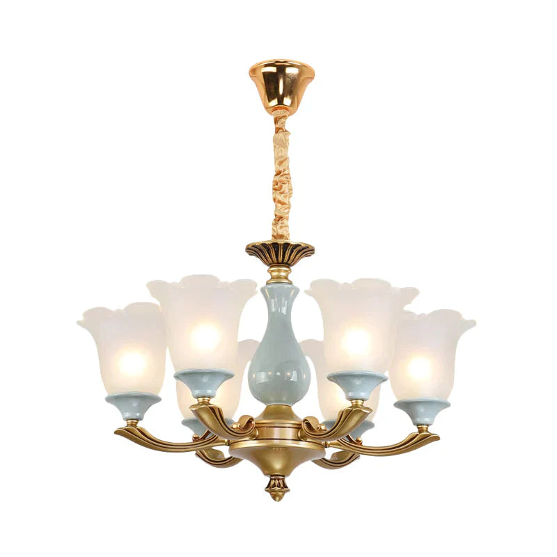 Gold 6 Bulbs Pendant Lighting Rural Style Frosted Glass Flower Ceiling Chandelier For Dining Room