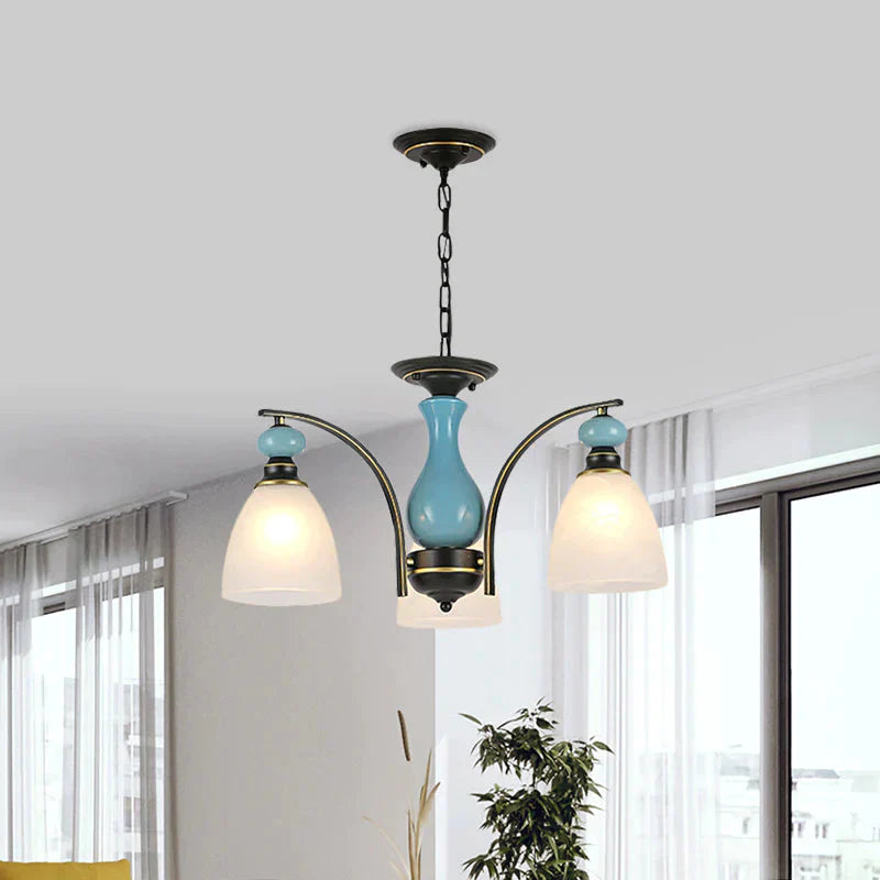 Retro Domed Shade Hanging Pendant 3/5/8 Lights Frosted Glass Chandelier Lighting Fixture In Black