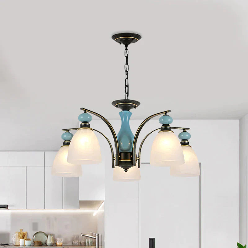 Retro Domed Shade Hanging Pendant 3/5/8 Lights Frosted Glass Chandelier Lighting Fixture In Black