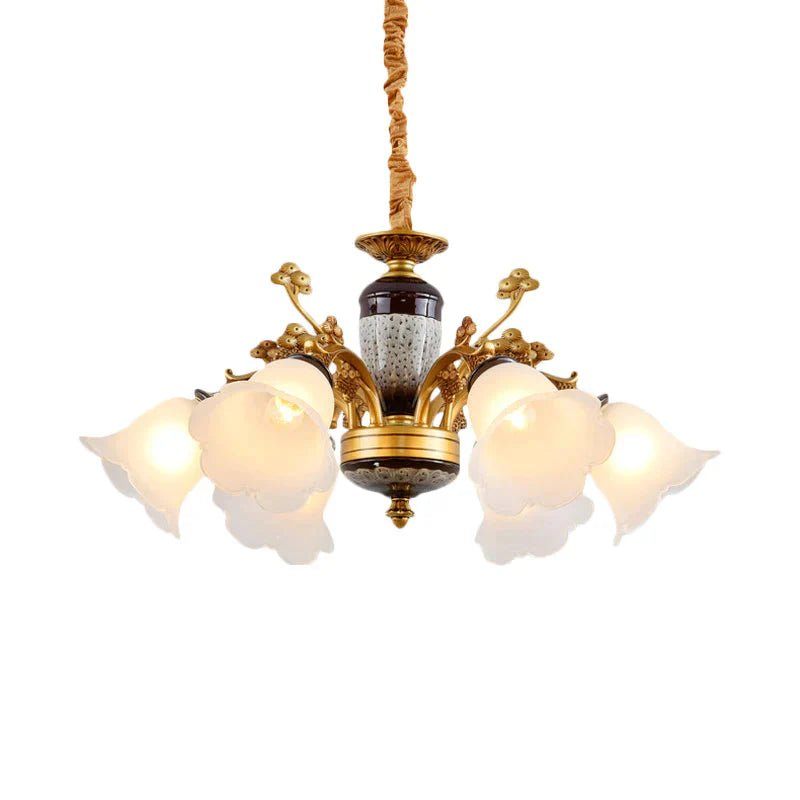 White Glass Floral Pendant Lighting Traditional 6 Lights Living Room Chandelier Lamp In Gold