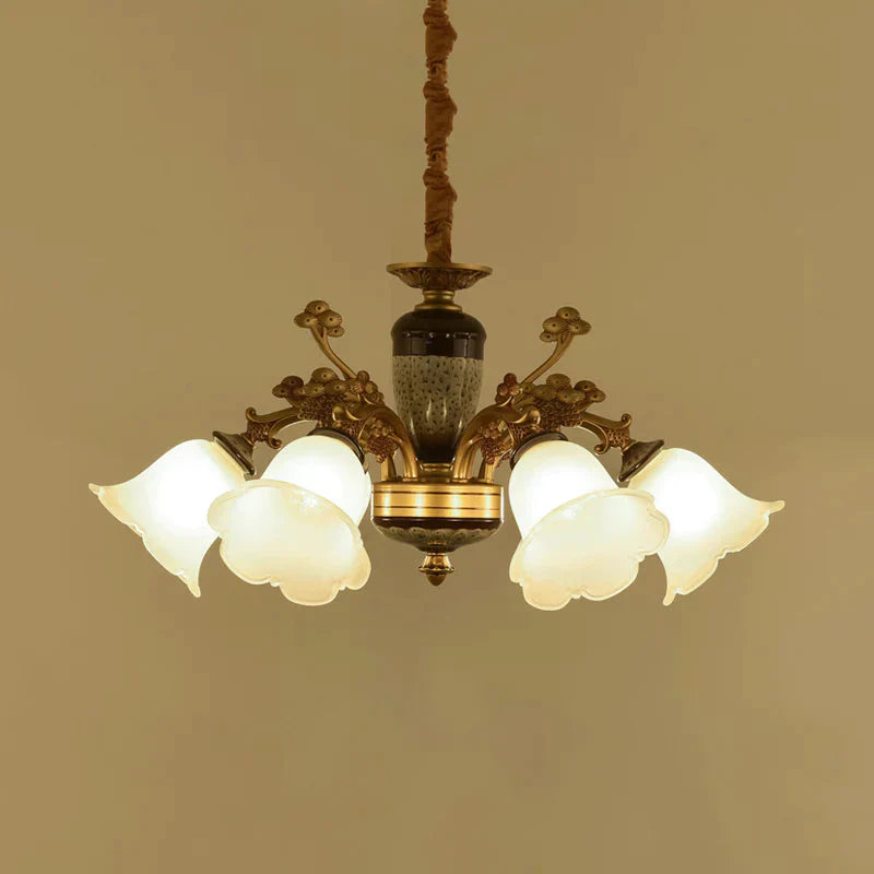 White Glass Floral Pendant Lighting Traditional 6 Lights Living Room Chandelier Lamp In Gold