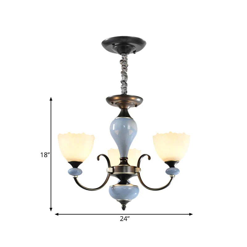 3/6 Heads Pendant Chandelier Countryside Bowl White Glass Ceiling Light In Black With Swooping Arm