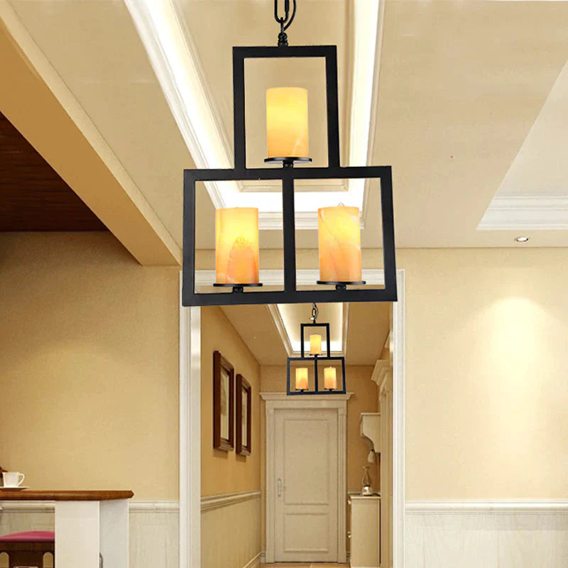 Yellow Dolomite Black Finish Chandelier Lamp Cylinder 3 - Light Country Hanging Lighting With 3 -