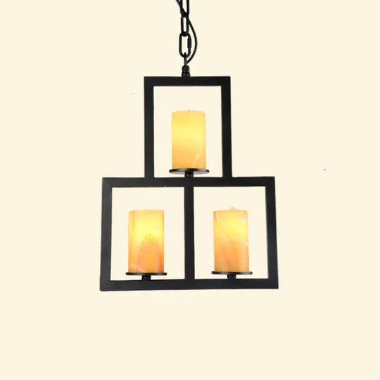 Yellow Dolomite Black Finish Chandelier Lamp Cylinder 3 - Light Country Hanging Lighting With 3 -