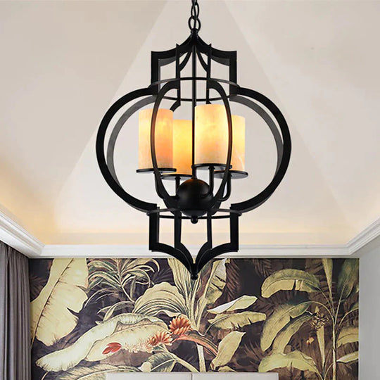 4 Lights Lantern Frame Pendant Lamp Countryside Black Finish Metallic Chandelier Lighting