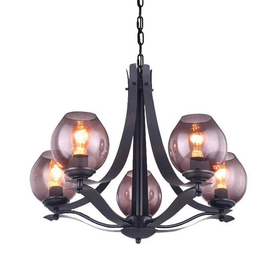 Traditional Cup Shaped Hanging Lighting 5 Heads Grey Glass Chandelier Pendant Lamp In Black