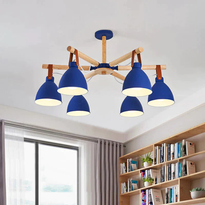 Macaron Bursting Wood Chandelier 3/6/8 Heads Ceiling Hanging Light In White/Blue With Bowl Shade