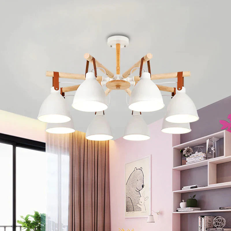 Macaron Bursting Wood Chandelier 3/6/8 Heads Ceiling Hanging Light In White/Blue With Bowl Shade