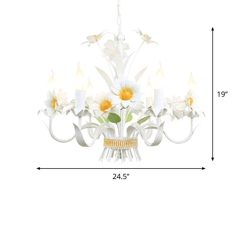 6 Heads Daisy Flower Bunch Chandelier American Garden White Iron Hanging Light With Candle Design