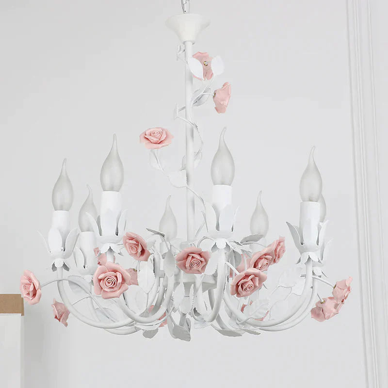 Rose Detailing Candelabra Metal Chandelier Korean Flower 8 - Light Living Room Pendant Light In Pink