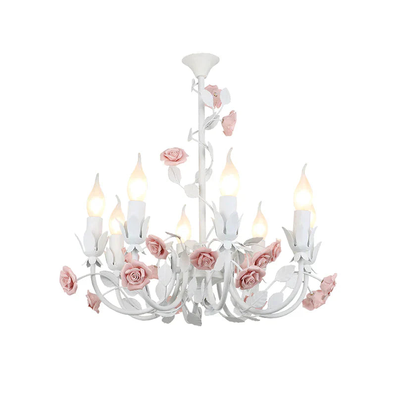 Rose Detailing Candelabra Metal Chandelier Korean Flower 8 - Light Living Room Pendant Light In Pink