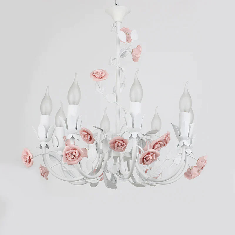 Rose Detailing Candelabra Metal Chandelier Korean Flower 8 - Light Living Room Pendant Light In Pink