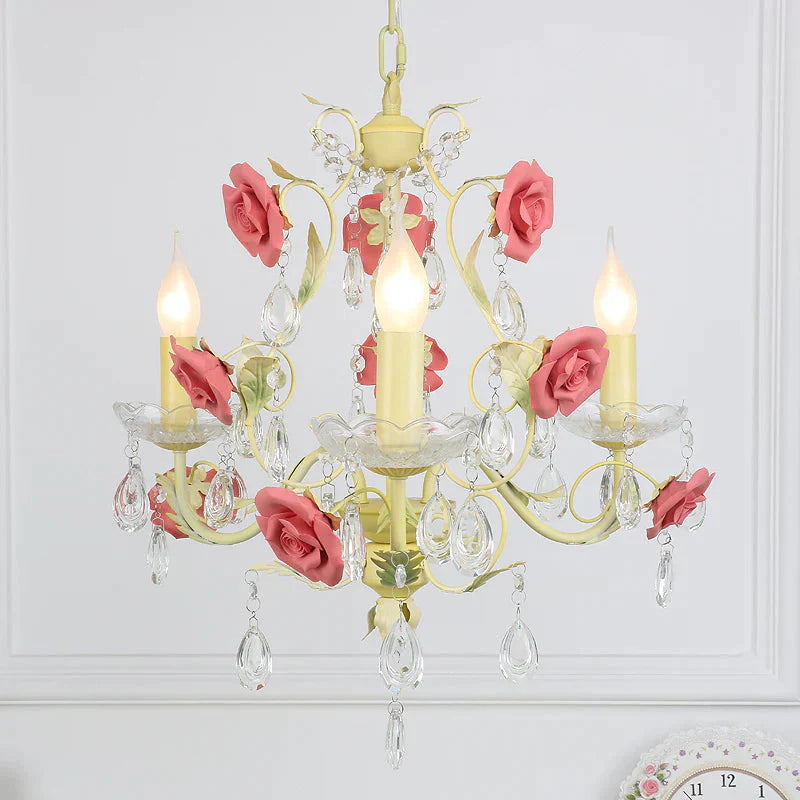 Romantic Pastoral Rose Swirl Vine Pendant 3 Heads Iron Chandelier Light In Beige With K9 Crystal