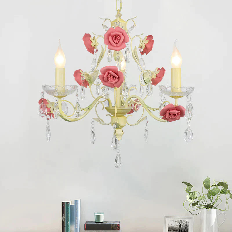 Romantic Pastoral Rose Swirl Vine Pendant 3 Heads Iron Chandelier Light In Beige With K9 Crystal