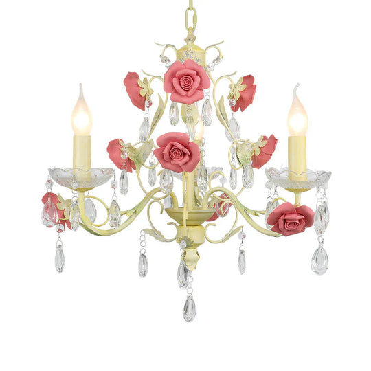 Romantic Pastoral Rose Swirl Vine Pendant 3 Heads Iron Chandelier Light In Beige With K9 Crystal