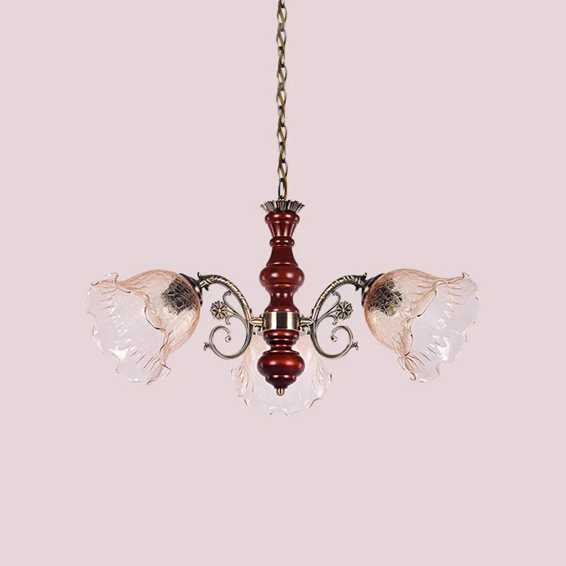 3 Heads Chandelier Light Fixture Pastoral Style Ruffled Clear Glass Hanging Pendant In Red Brown