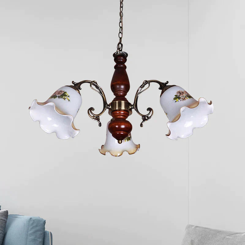 3 Bulbs White Patterned Glass Chandelier Countryside Red Brown Bellflower Parlor Ceiling Pendant