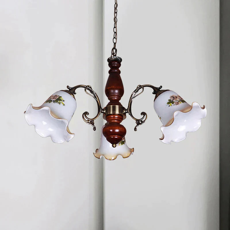 3 Bulbs White Patterned Glass Chandelier Countryside Red Brown Bellflower Parlor Ceiling Pendant