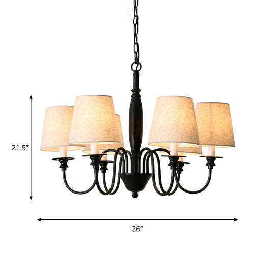 Black 6 Heads Chandelier Lighting Country Fabric Tapered Hanging Pendant Light With Swooping Arm
