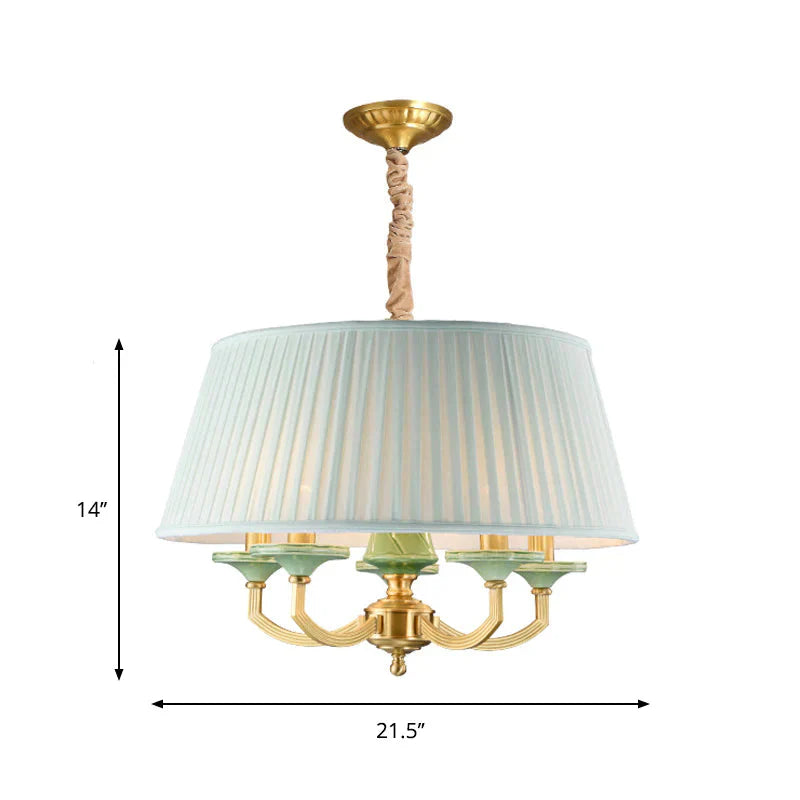5 - Bulb Chandelier Light Fixture Retro Style Pleated Shade Fabric Drop Pendant In Brass