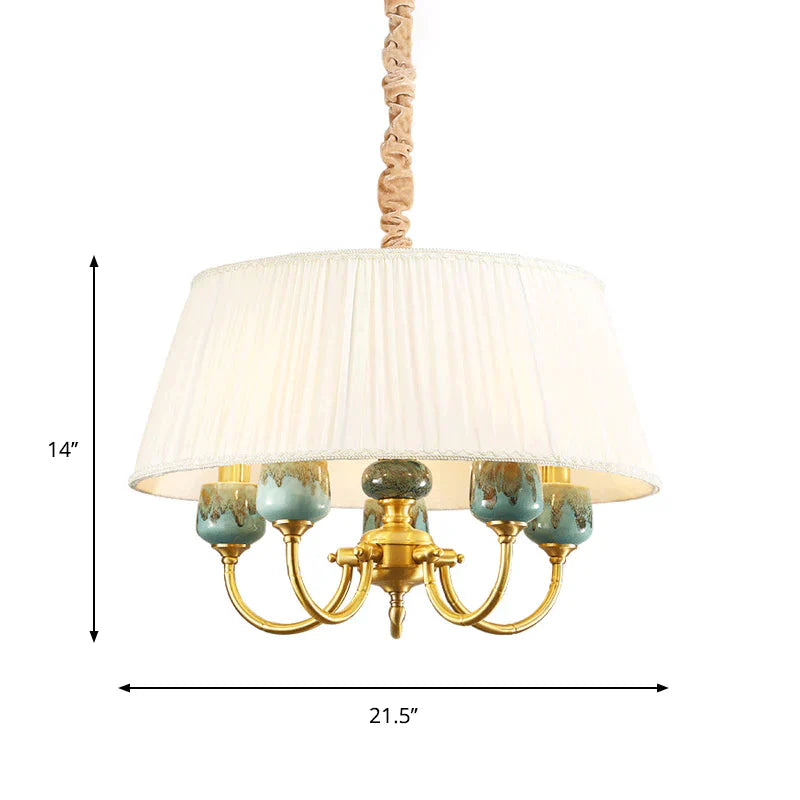 Drum Shade Fabric Hanging Lamp Rural Style 5 Lights Dining Room Chandelier Pendant Light In White