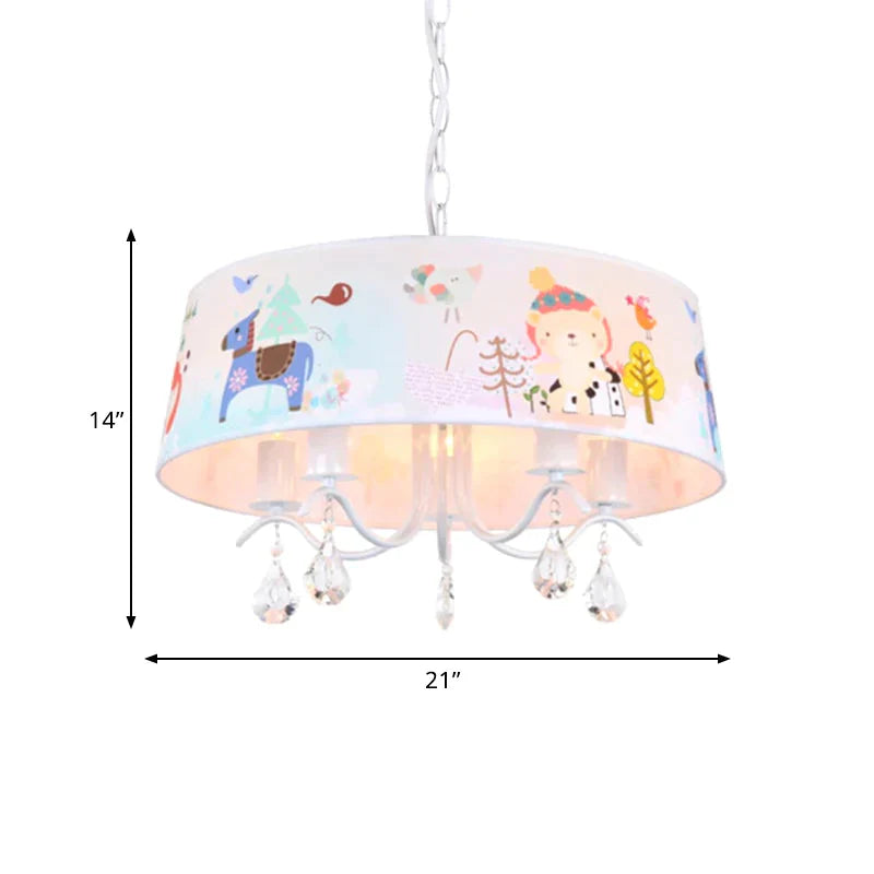 Fabric Drum Ceiling Chandelier Cartoon 5 Lights Blue Hanging Lamp Kit With Animals Pattern And