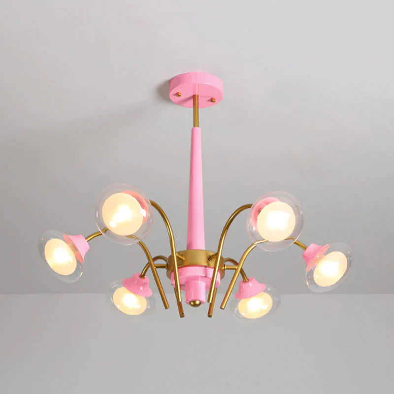 Drooping Hanging Chandelier Macaron Metal 6 Bulbs Kids Bedroom Ceiling Pendant In Pink/Blue With