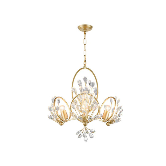 3 - Bulb Crystal Chandelier Light Fixture Retro Gold Petals Dining Table Hanging Pendant