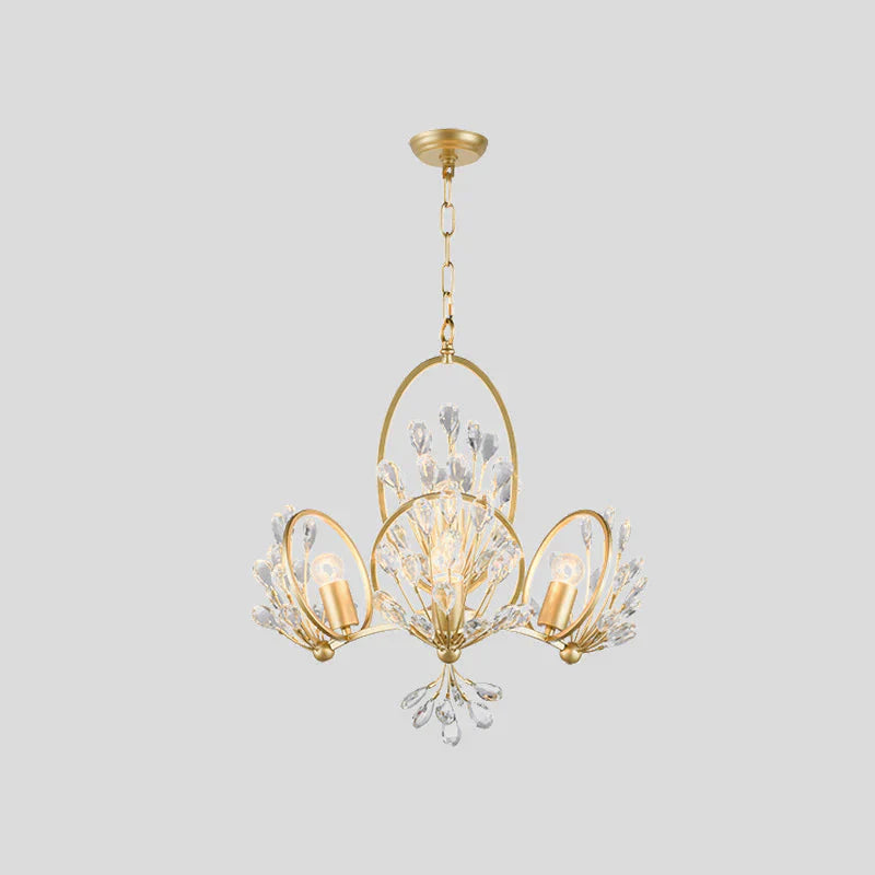 3 - Bulb Crystal Chandelier Light Fixture Retro Gold Petals Dining Table Hanging Pendant