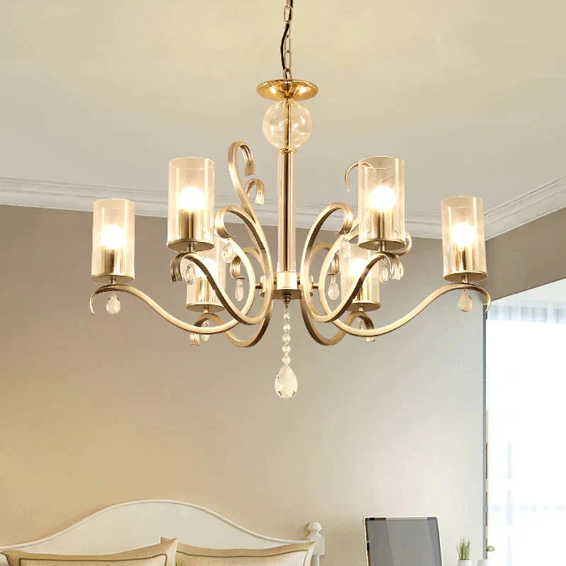 6/8 - Head Tube Shade Chandelier Lamp Antiqued Gold Clear Glass Hanging Ceiling Light With K9