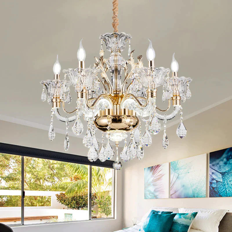 Clear Crystal Teardrop Chandelier Light Classic 6/8 - Light Bedroom Hanging Pendant In Gold With