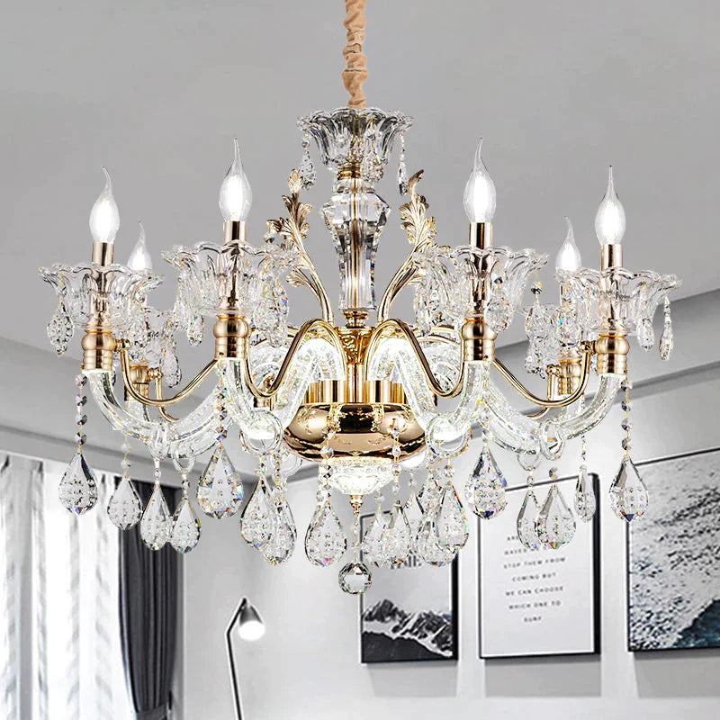 Clear Crystal Teardrop Chandelier Light Classic 6/8 - Light Bedroom Hanging Pendant In Gold With