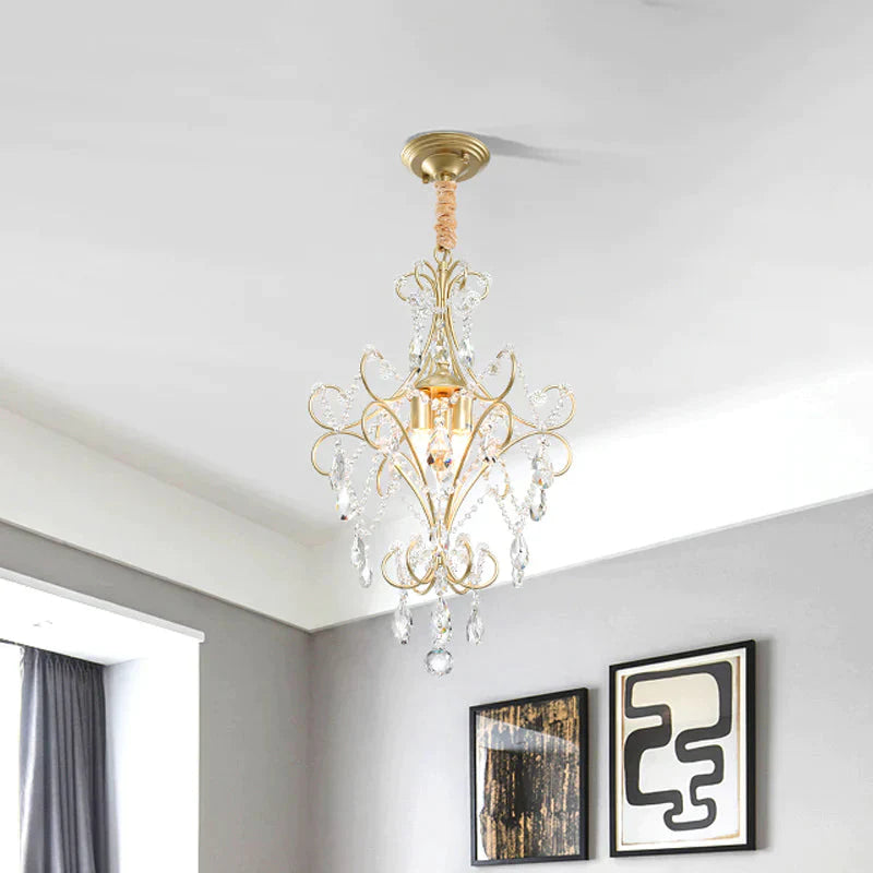 3 Lights Beaded Chandelier Lighting Country Gold Finish Crystal Pendant Light Kit With Scrollwork