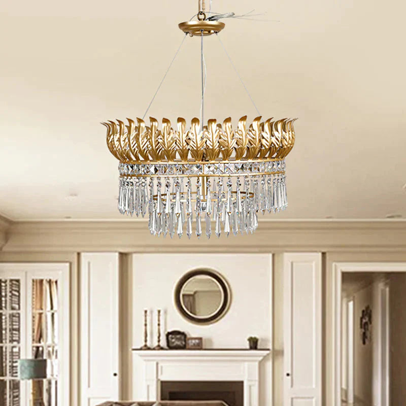 4 - Bulb Chandelier Light Fixture Rural 2 - Layered K9 Crystal Hanging Pendant In Gold With Leaf