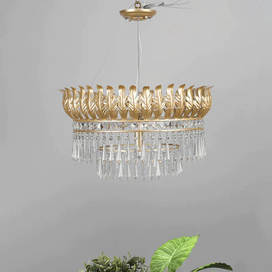 4 - Bulb Chandelier Light Fixture Rural 2 - Layered K9 Crystal Hanging Pendant In Gold With Leaf